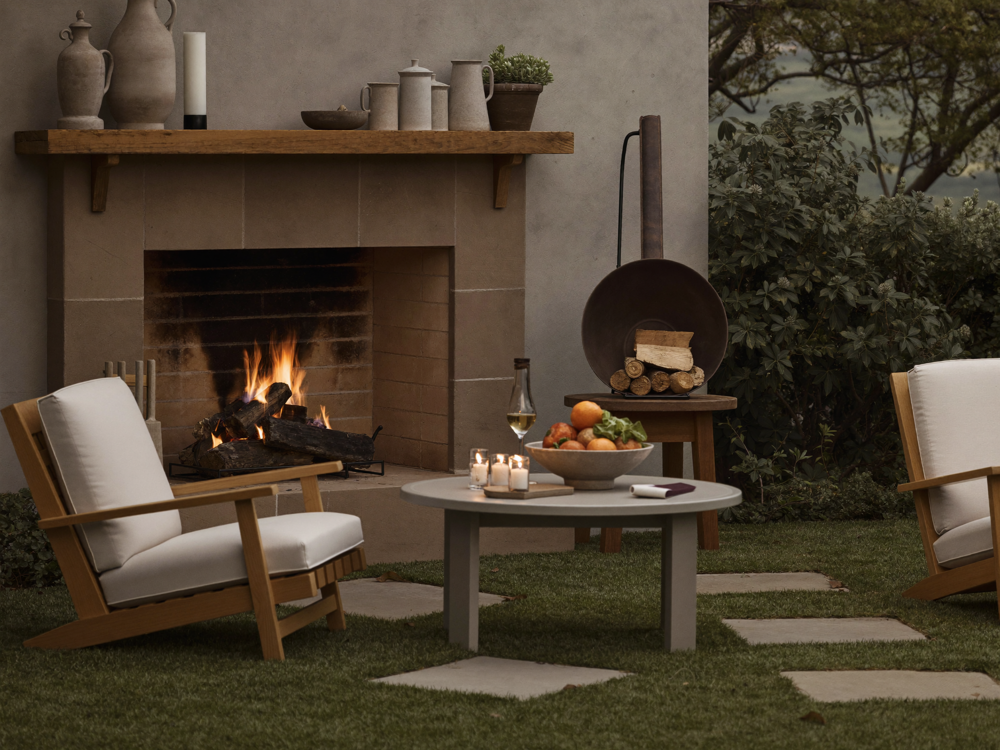 Permanent outdoor fireplace with a vertical firebox and chimney, the masonry structure fire code and building code treat differently from a portable fire pit
