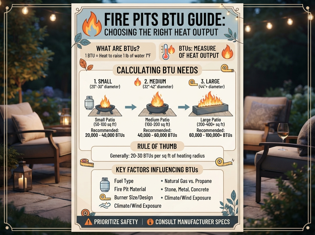 A row of different fire pit styles burning side by side, representing the range of BTU output across fire pit types.