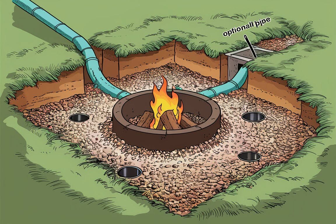A close-up shot of the center drain hole at the bottom of a steel fire pit bowl, showing rainwater draining onto the gravel below.