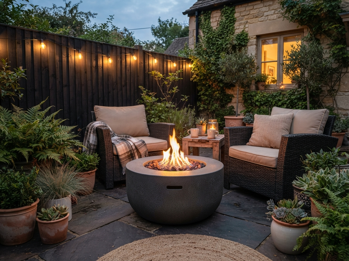 A compact propane fire pit burning on a small patio next to a lawn, with seating positioned close by in a tight outdoor space.