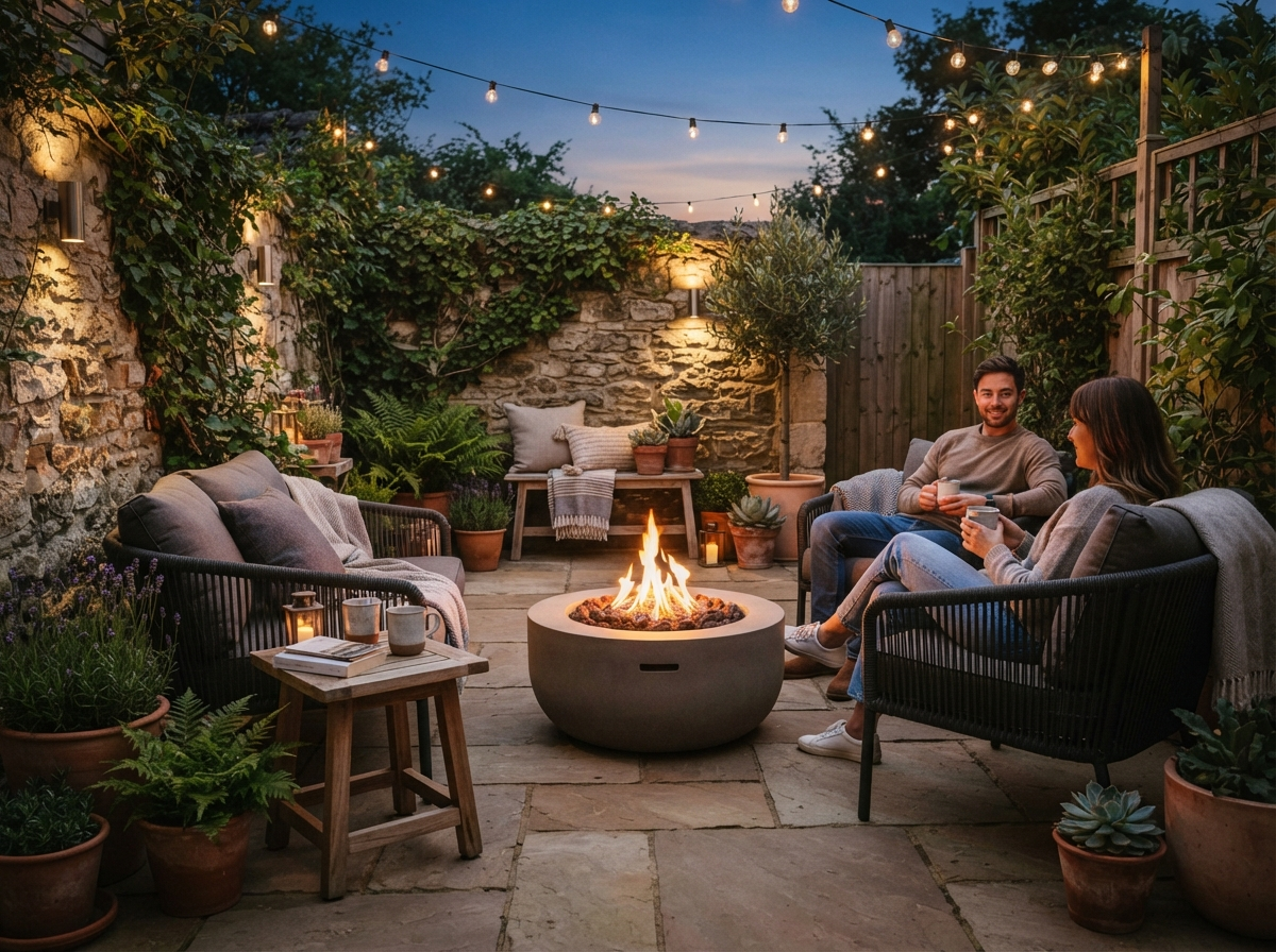 A small propane fire pit set up on a compact patio, sized to leave clearance around nearby seating and railings.