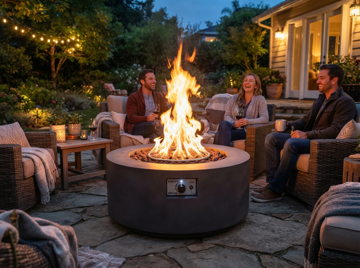 A high output gas fire pit burning with a tall flame, illustrating the kind of large BTU burner used on open or windy patios.