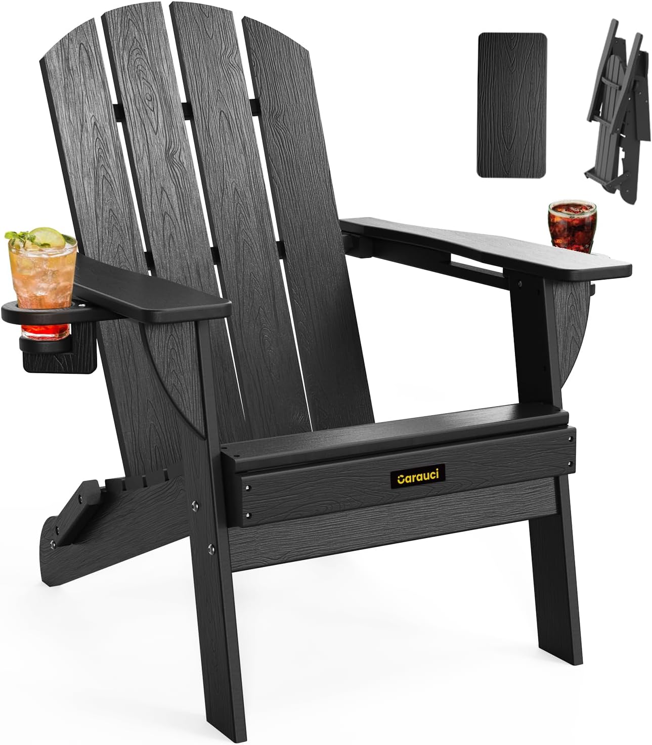 Black Carauci folding HDPE Adirondack fire pit chair with two cup holders