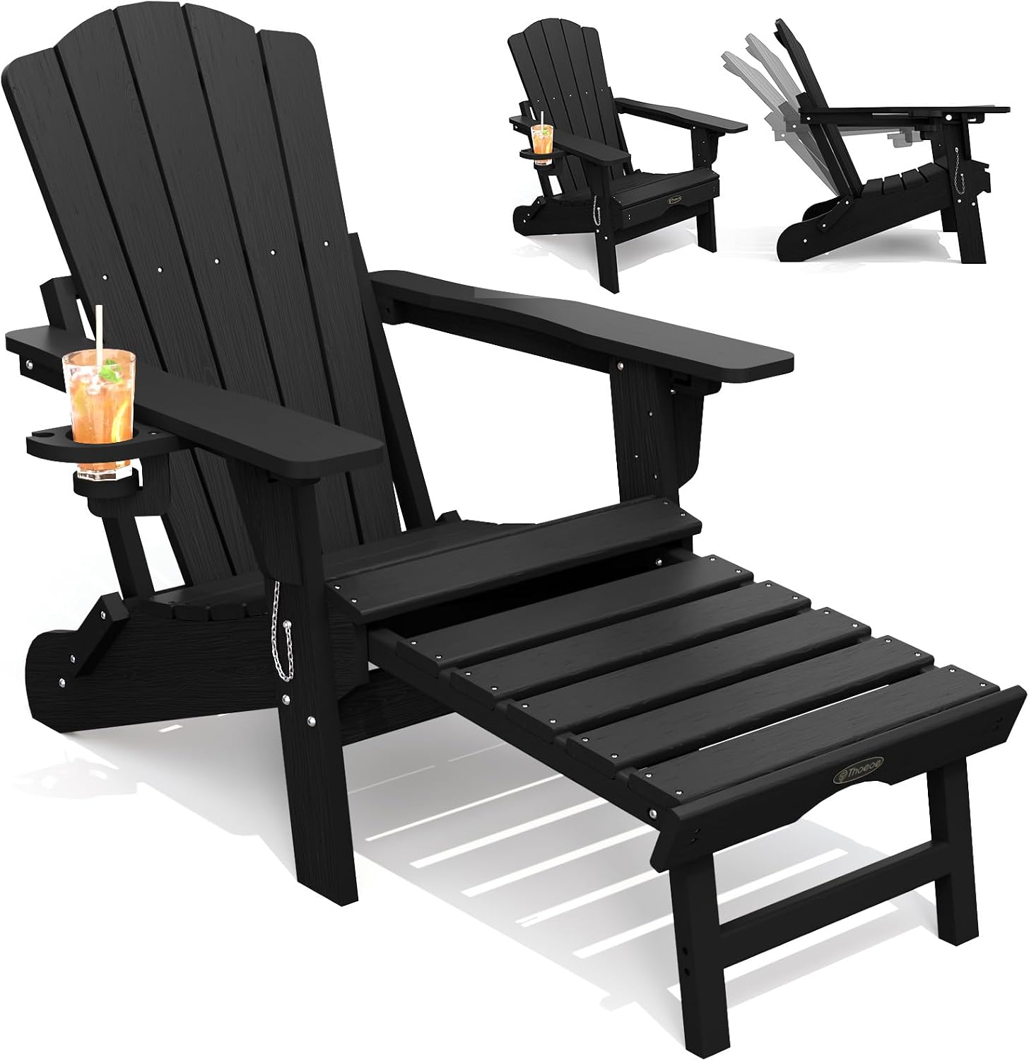 Black THOEOE folding Adirondack fire pit chair with retractable ottoman