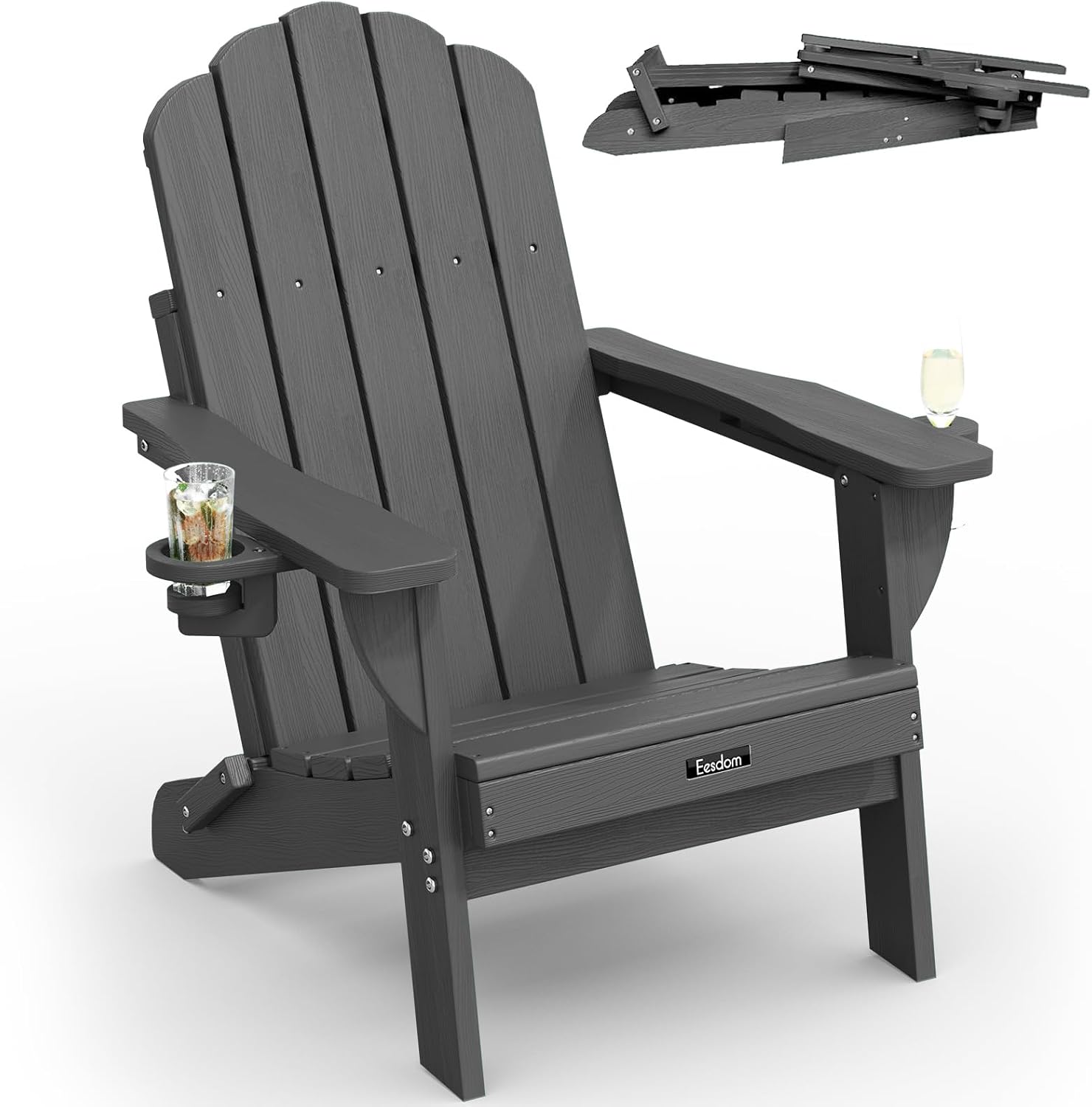 Grey Eesdom folding HDPE Adirondack fire pit chair with two cup holders