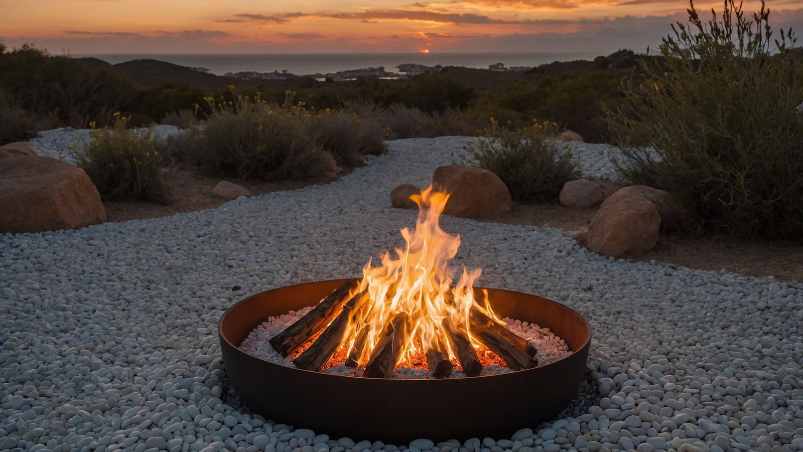 A thick, heavy-gauge steel fire pit bowl resting on three legs on a gravel patio, containing glowing red wood embers.