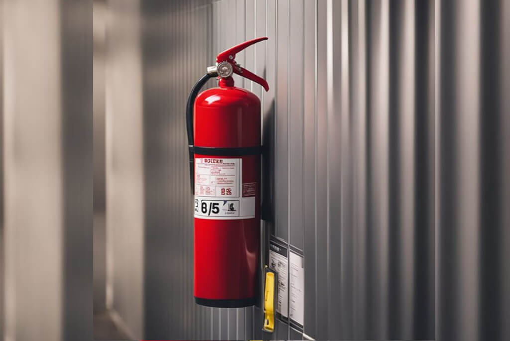 A red fire extinguisher mounted near a sliding glass door on an outdoor deck, next to a seating area.
